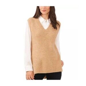Vince Camuto Women's Shaker Sweater Vest V-Neck with High-Low Hem Tan XL